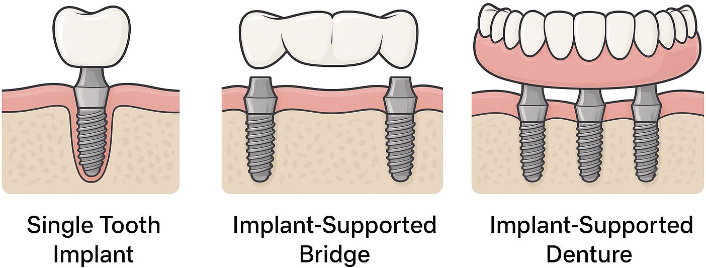 Illustration showing three types of dental implant restorations: a single tooth implant, an implant-supported bridge, and an implant-supported denture.